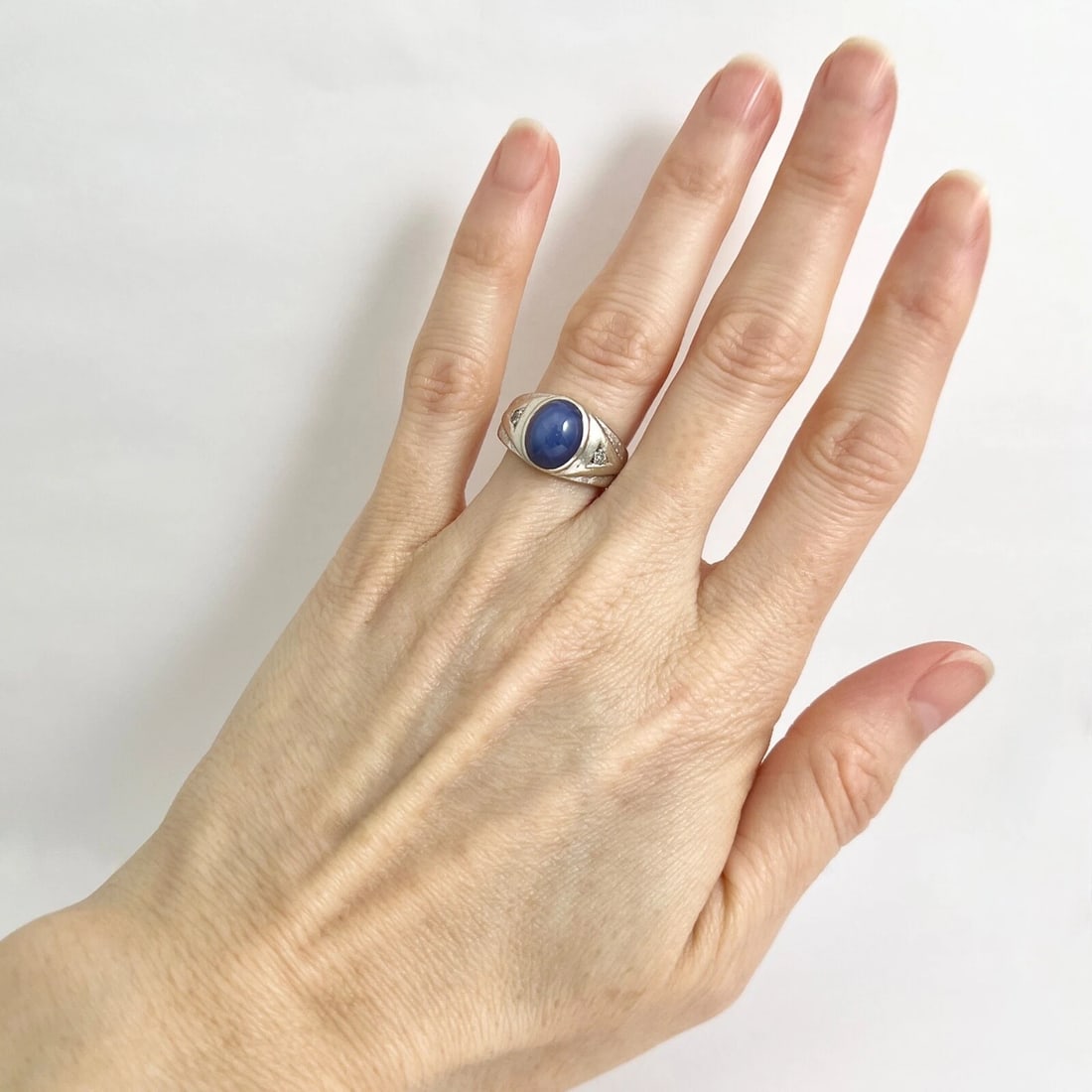 Vintage 1960s Blue Lab-Created Star Sapphire Diamond Ring 14K White Gold 6.07 Gr - 4