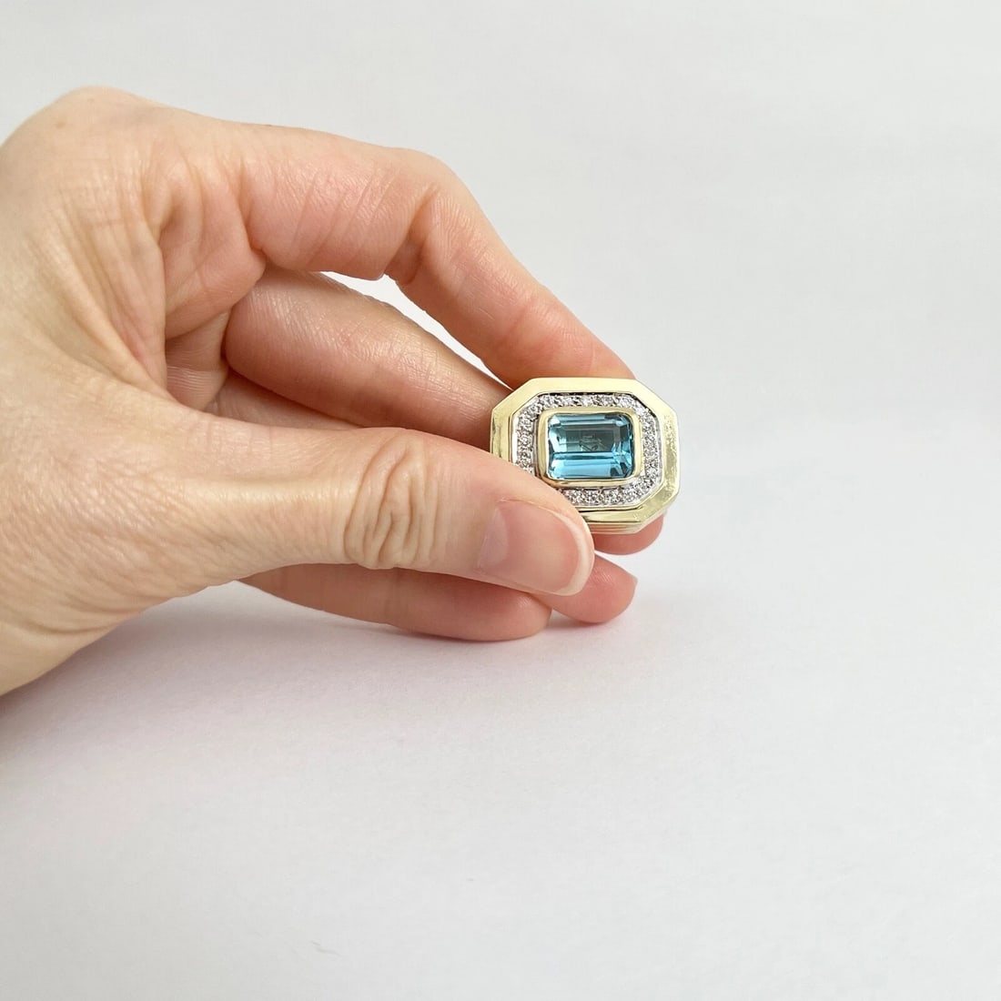 Vintage Blue Topaz Diamond Slider Necklace Pendant 14K Yellow Gold, 11.95 Gr - 2