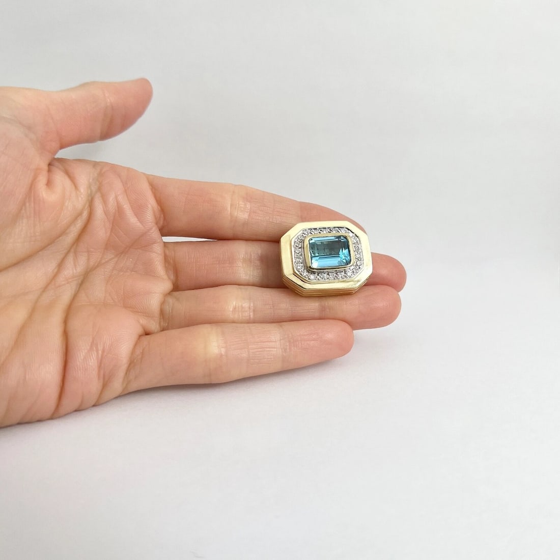 Vintage Blue Topaz Diamond Slider Necklace Pendant 14K Yellow Gold, 11.95 Gr - 4