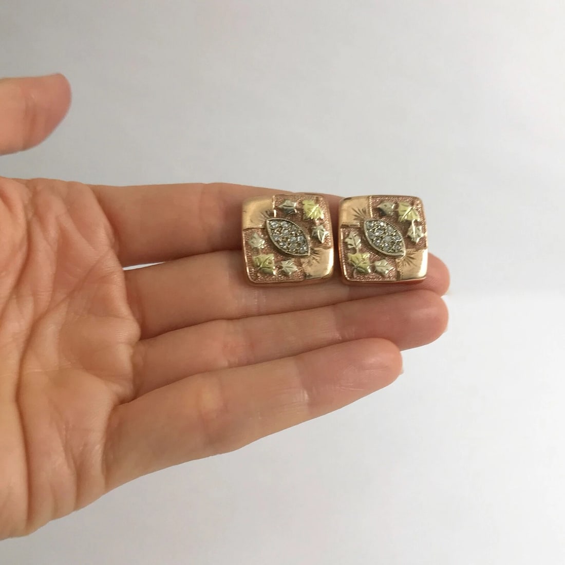 Vintage 1950's Diamond Leaf Square Button Stud Earrings 10K Rose Gold, 9.51 Gram - 2