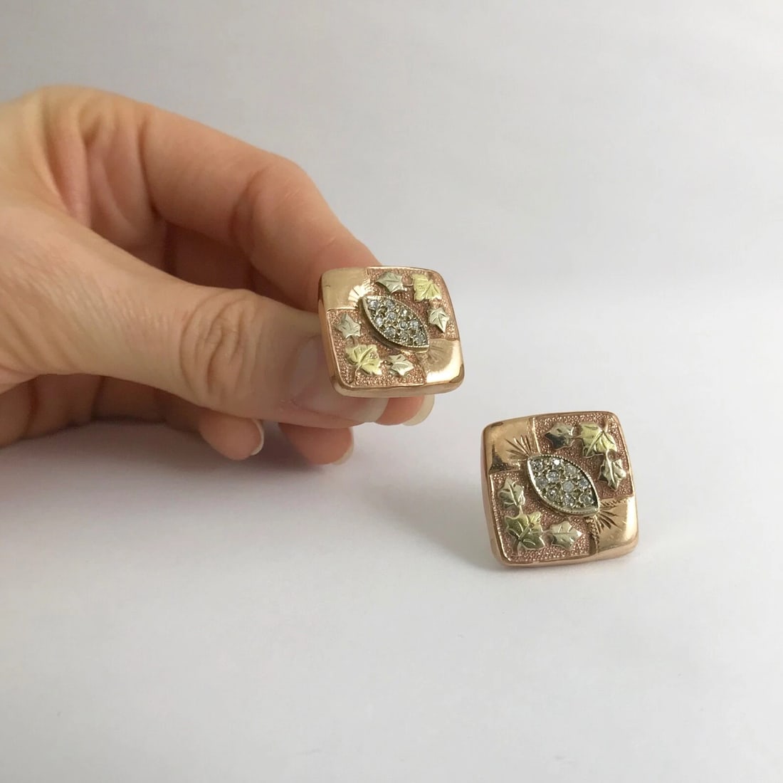 Vintage 1950's Diamond Leaf Square Button Stud Earrings 10K Rose Gold, 9.51 Gram - 3