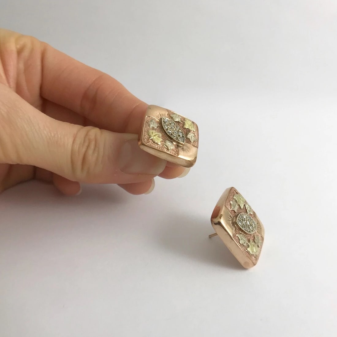 Vintage 1950's Diamond Leaf Square Button Stud Earrings 10K Rose Gold, 9.51 Gram - 4