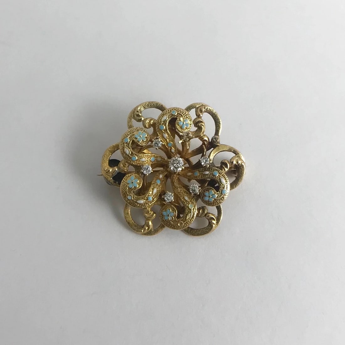 Antique Edwardian Diamond Turquoise Enamel Brooch Pin 20K Yellow Gold, 5.19 Gram - 7