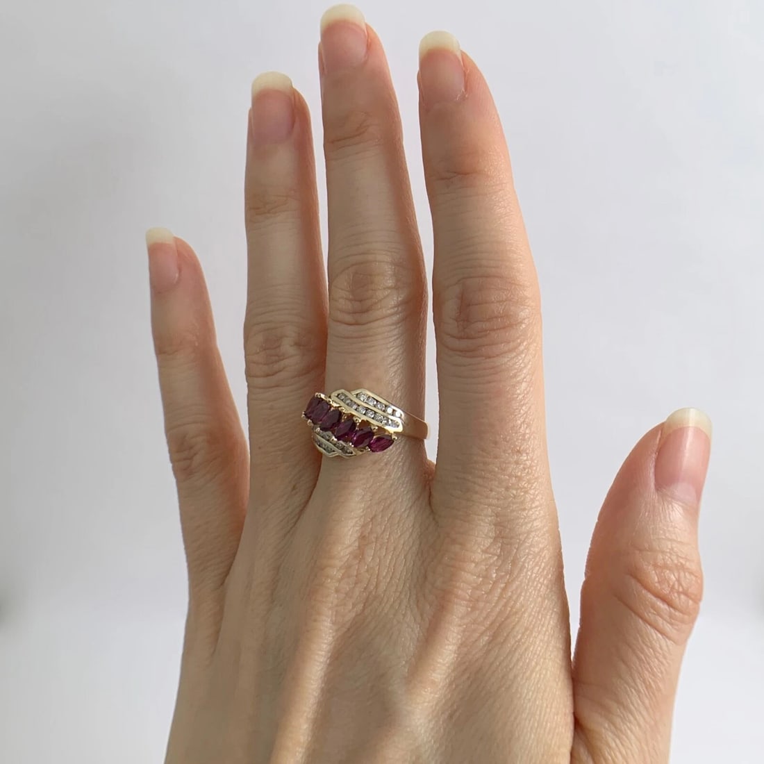 Vintage Marquise Ruby Diamond Channel-Set Statement Ring 14K Yellow Gold 3.78 Gr - 3