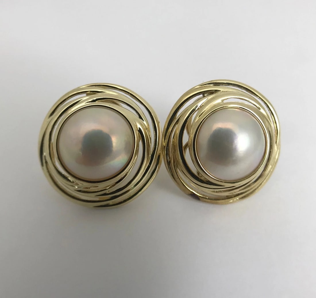 Vintage 1960's Japanese Pearl Swirl Button Stud Earrings 14K Yellow Gold 13.3 Gr - 5