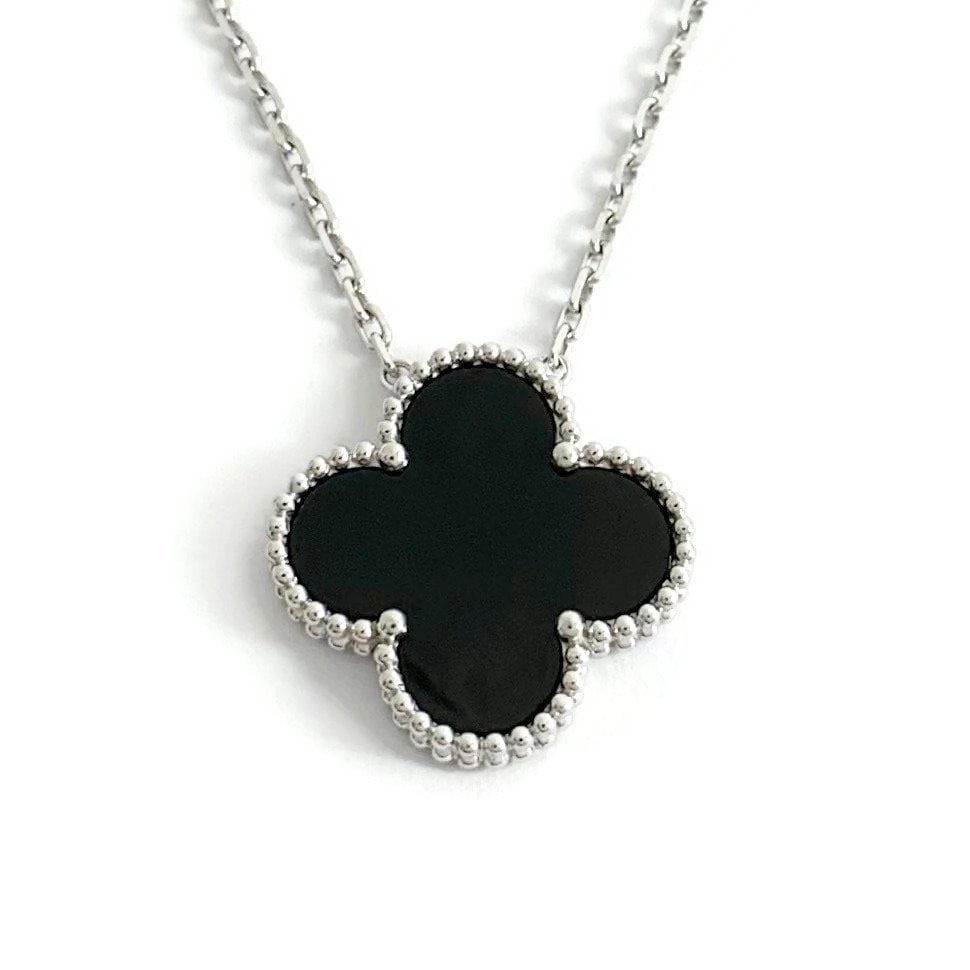 Black Onyx Clover Pendant Necklace 18K White Gold, 7.66 Grams (1 of 8)