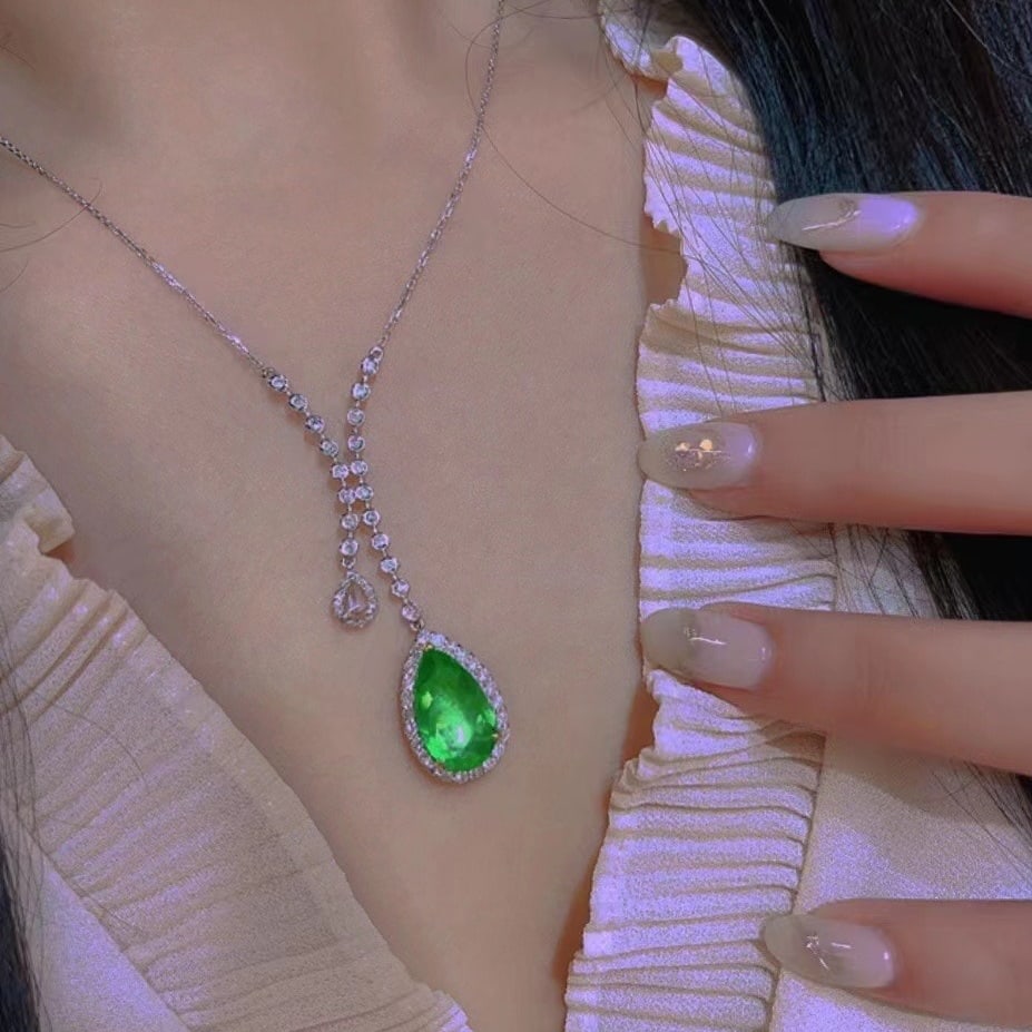 14K GOLD 2.38 CT VIVID GREEN NATURAL EMERALD & DIAMOND NECKLACE - 5