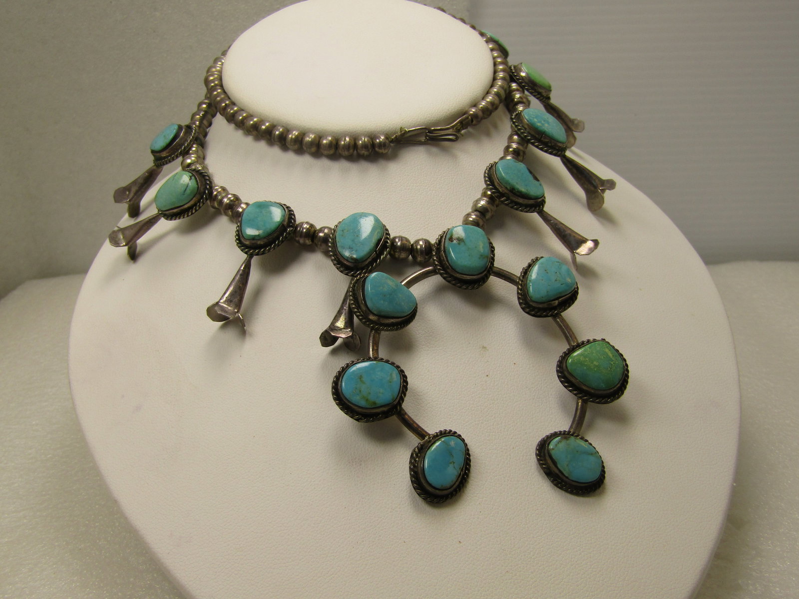Vintage Southwestern Sterling Turquoise Squash Blossom Necklace, 23" Unisex, Later 1900's - 2