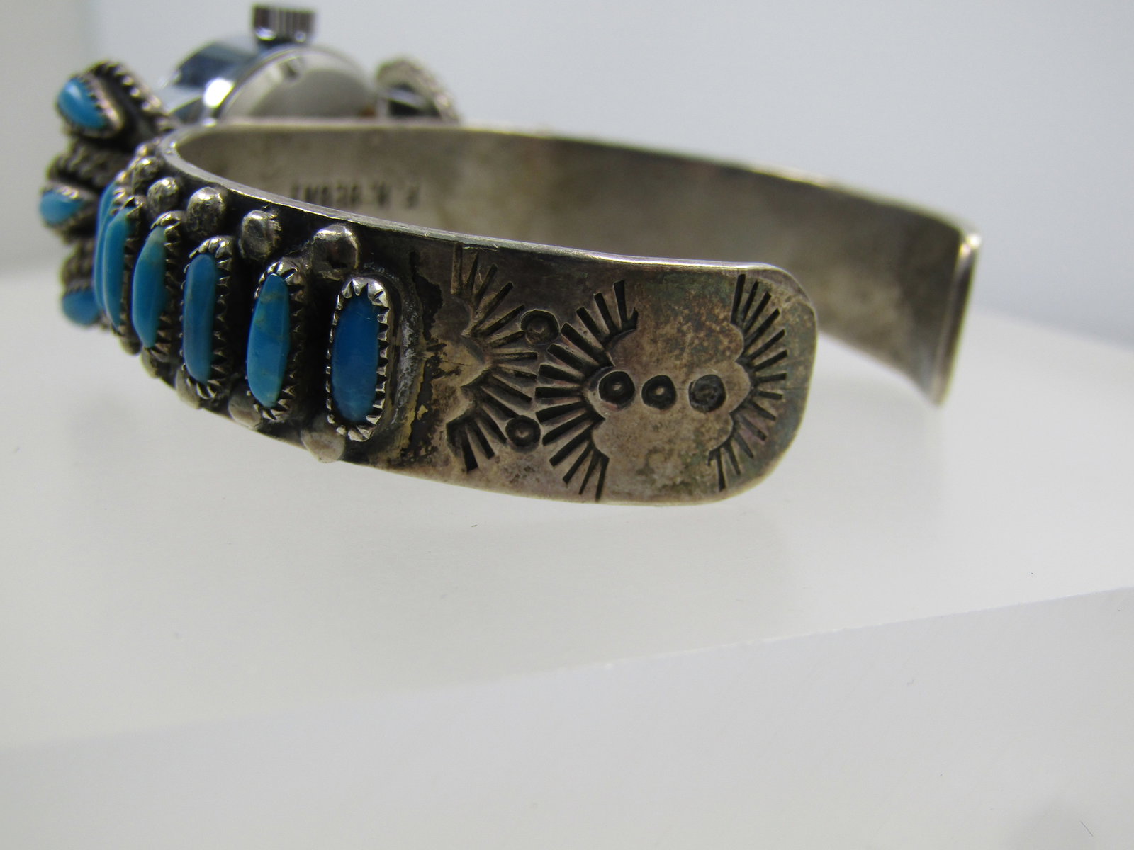 Vintage Sterling Turquoise Petit Point Navajo Ladies' Watch Cuff Bracelet, F. M. Begay, 1970's-After - 5