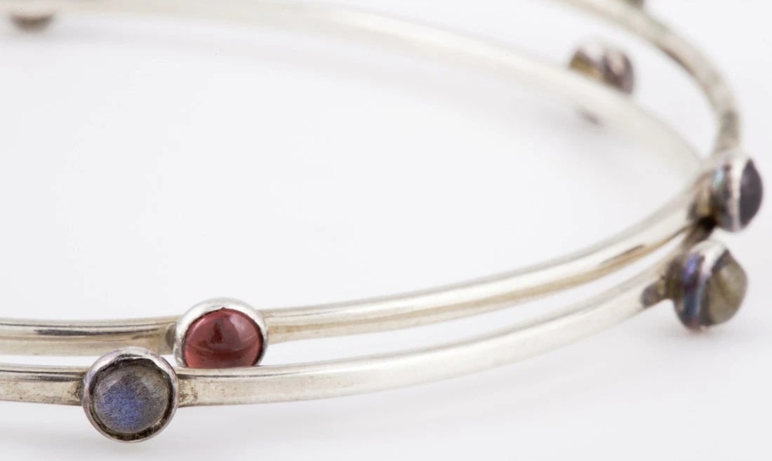 Sterling Silver Red Garnet and Labradorite Cabochon Bangles - 4