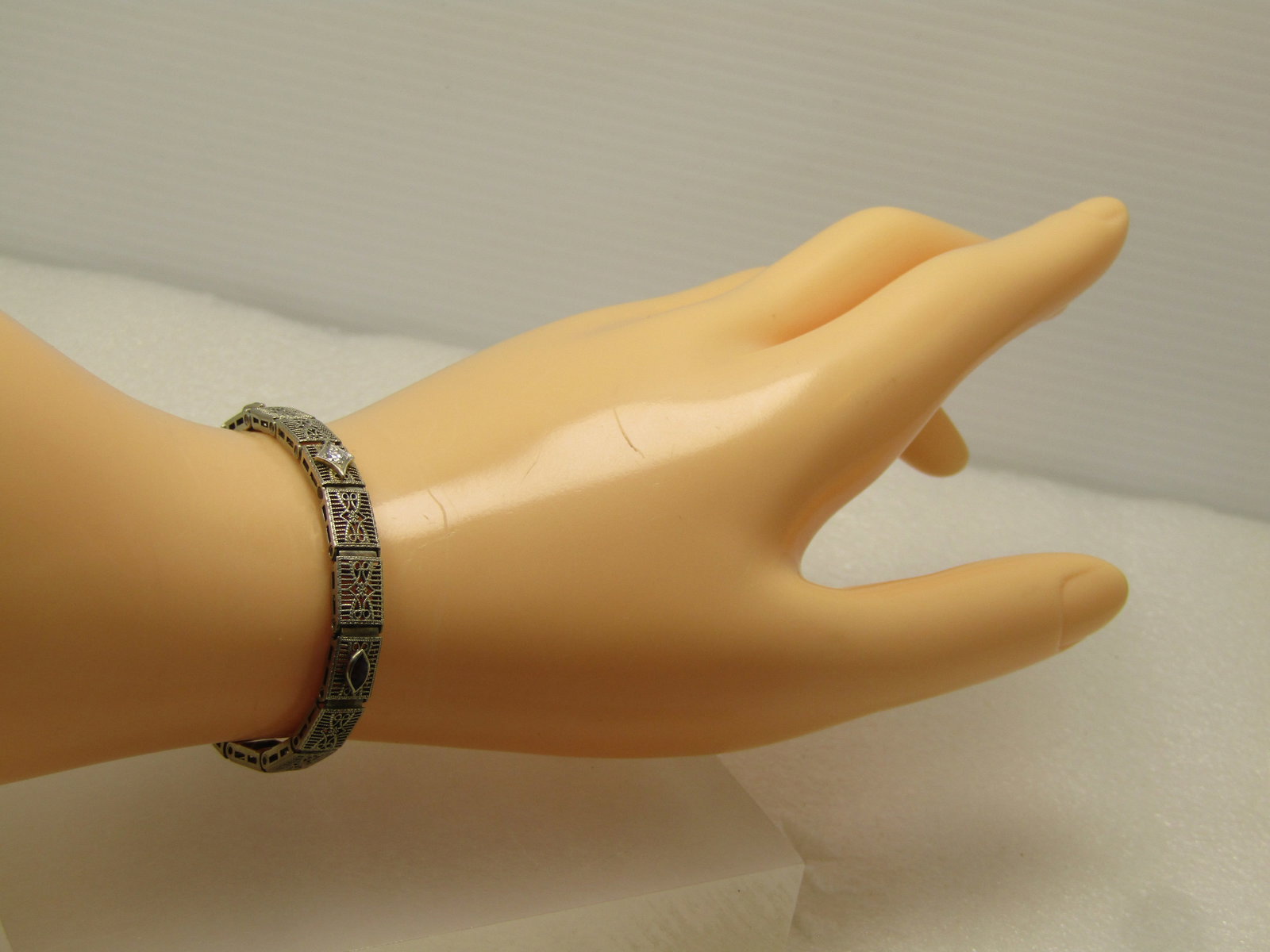 Vintage 10kt Art Deco Diamond Bracelet, Filigree, 7", 1940's - 9