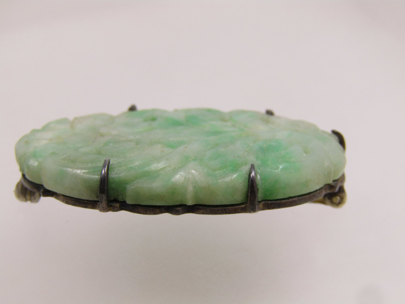 Antique Sterling Carved Jade Floral Brooch, 1920's - 3