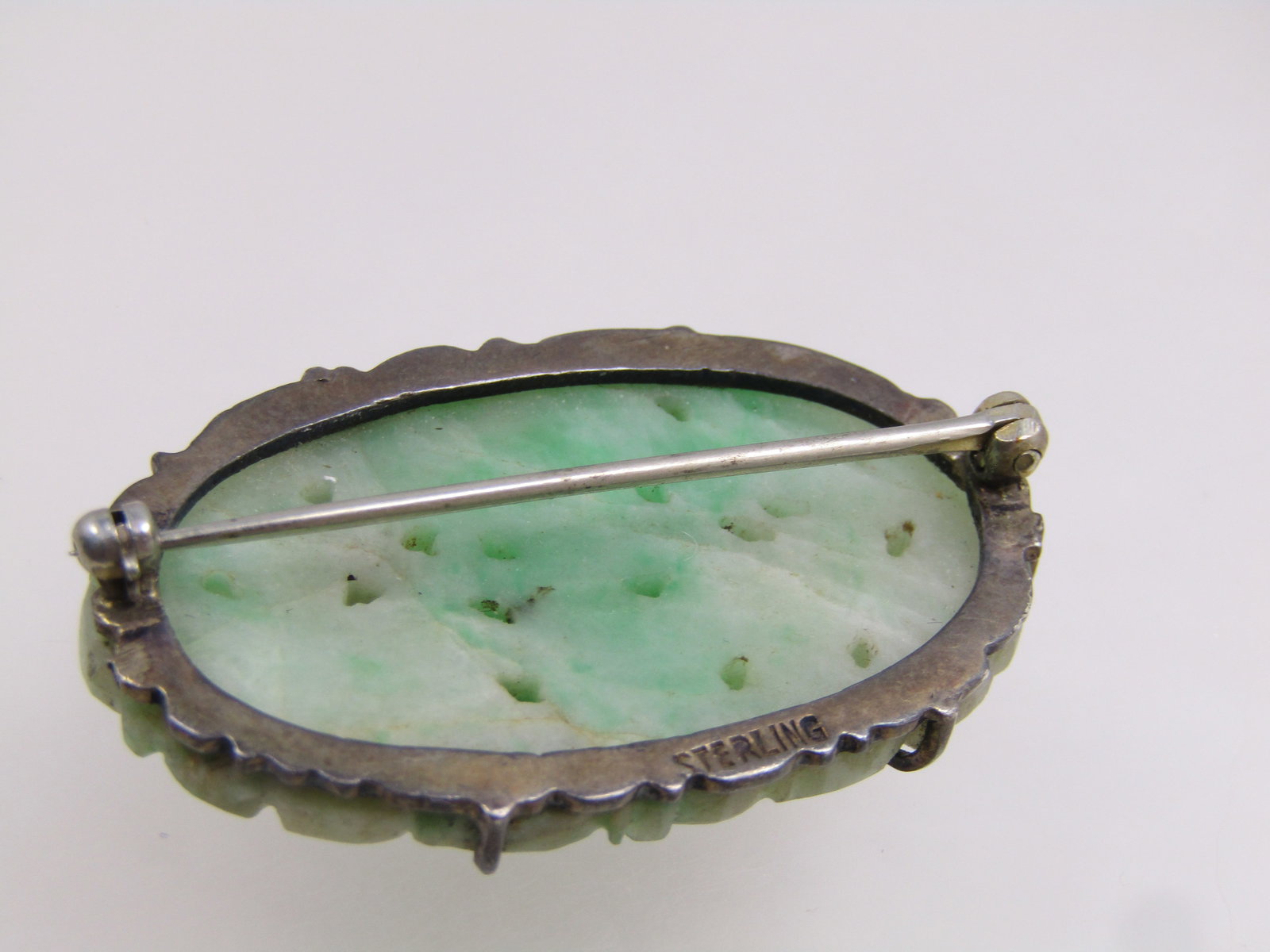 Antique Sterling Carved Jade Floral Brooch, 1920's - 4