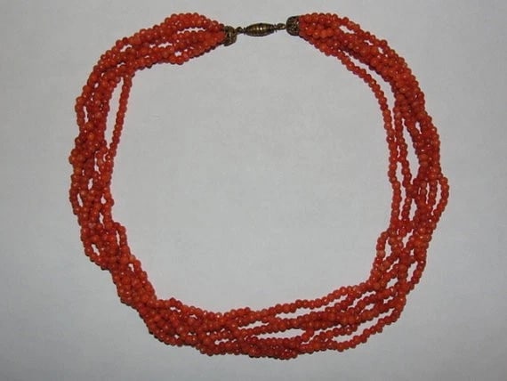 Victorian Woven Red Coral Bead Necklace - 3