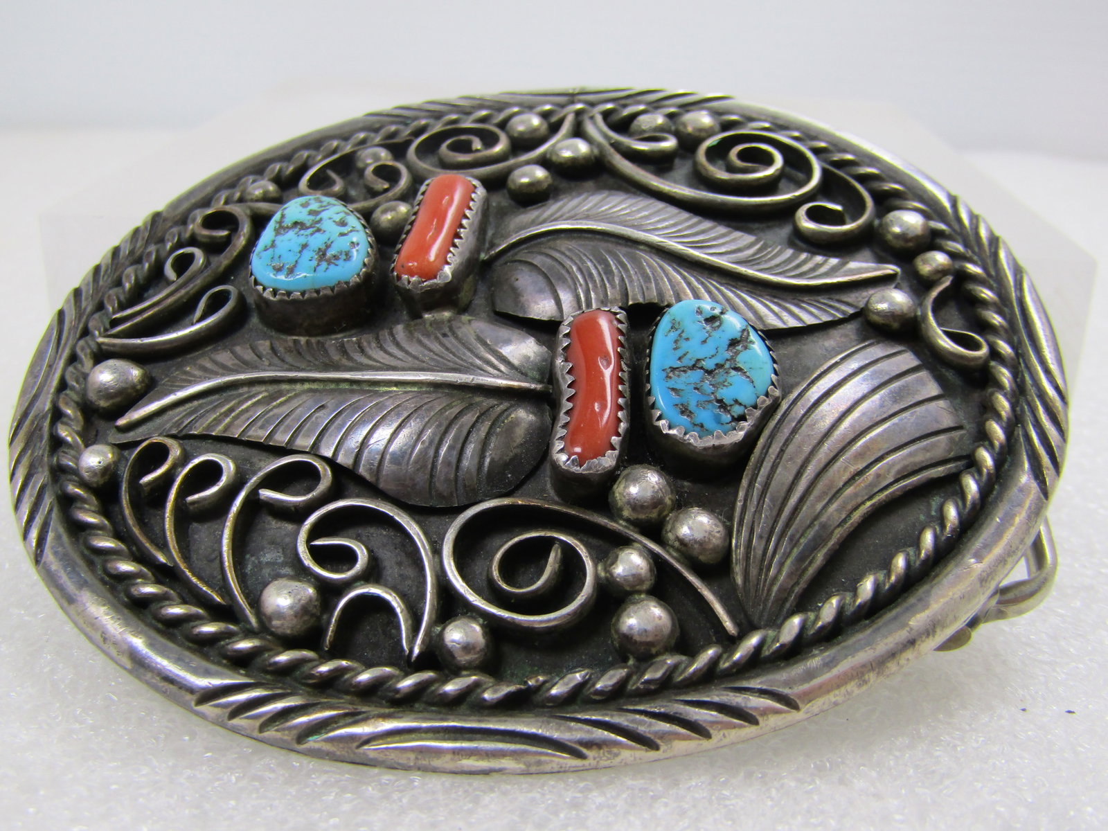 Vintage Sterling Southwestern Belt Buckle, Turquoise/Coral T.C. Yazzie, 1970's - 6