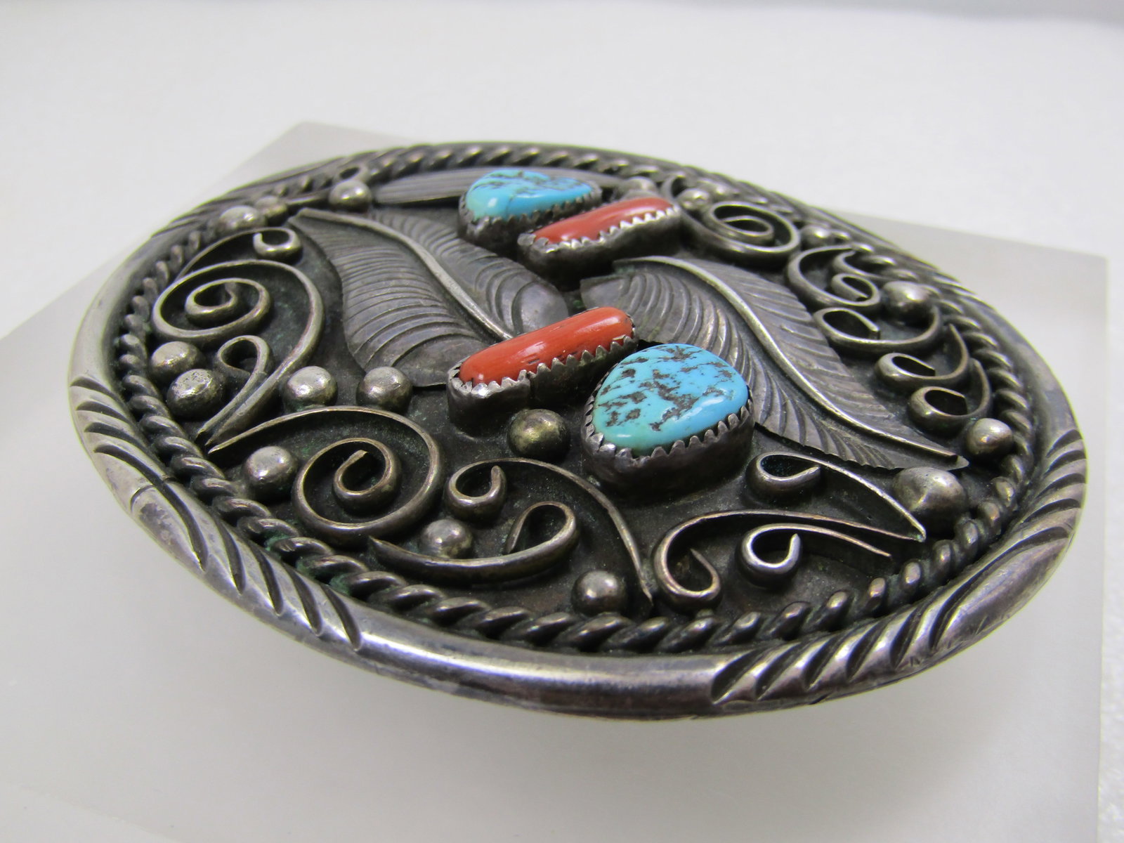 Vintage Sterling Southwestern Belt Buckle, Turquoise/Coral T.C. Yazzie, 1970's - 7