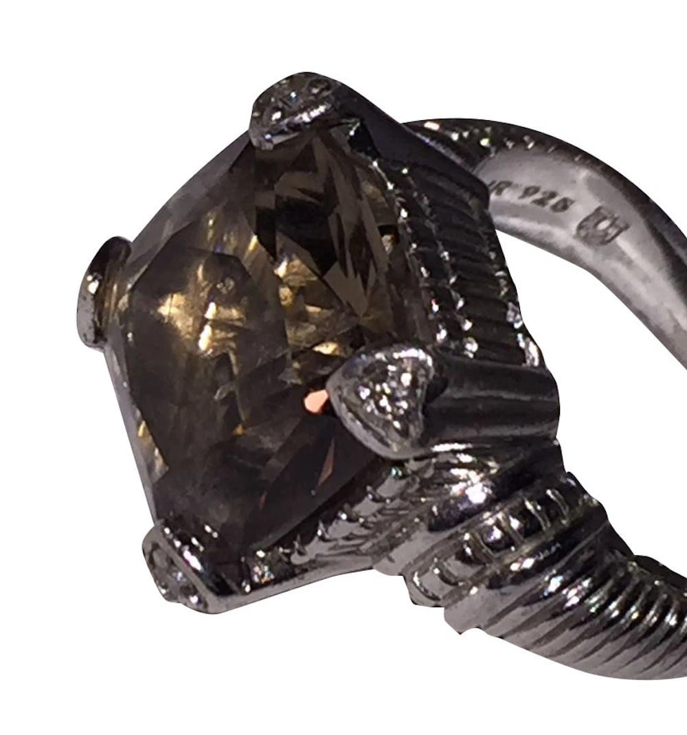 Judith Ripka Sterling Silver Smoky Quartz Diamond Fontaine Ring - 7