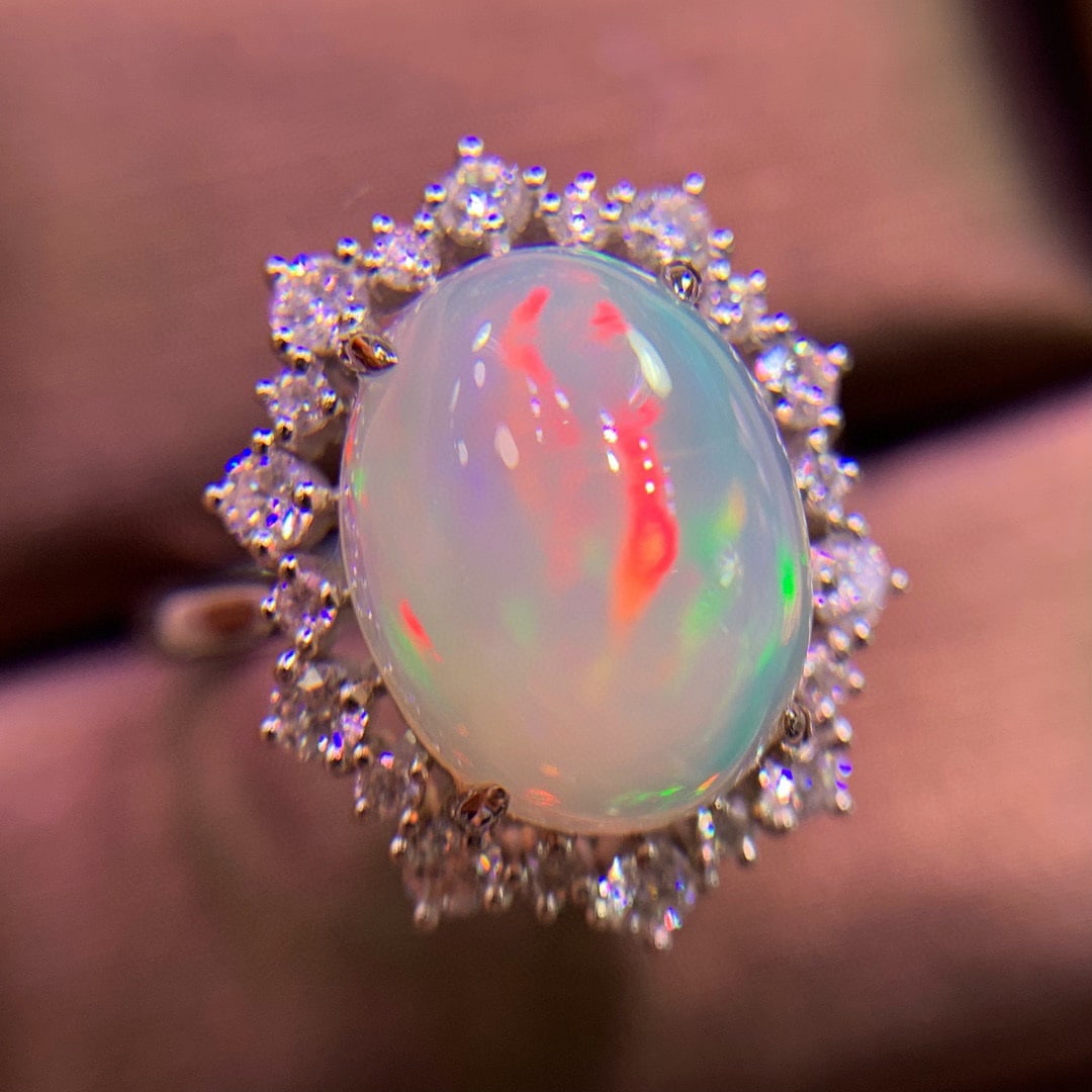 14K GOLD 2.8 CT NATURAL OPAL & DIAMOND RING - 3