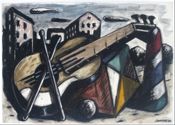 Thomas Schindler, (German, b. 1959-) Still life with guitar and drum sticks. 1986: DescriptionTitle:Thomas Schindler, (German, b. 1959-) Still life with guitar and drum sticks. 1986Description:Original Charcoal and crayon drawing on paper. Hand signed and dated in lower right “Sch