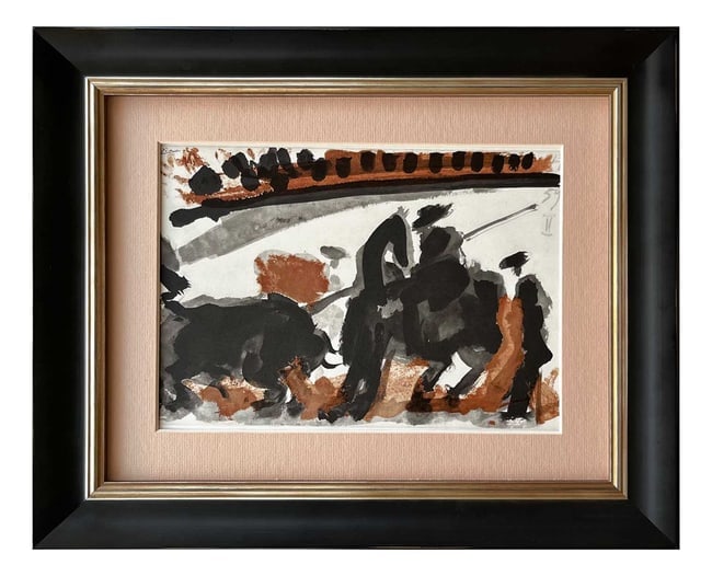 Pablo Picasso Los Toros 17 The Thrust-1 Framed: Title: Pablo Picasso Los Toros 17 The Thrust-1 FramedArtist: Pablo PicassoDescription: Title: The Thrust-1Artist: Pablo PicassoCountry: SpainMedium: Heliogravure - 17Marks: Signed in plate, not number