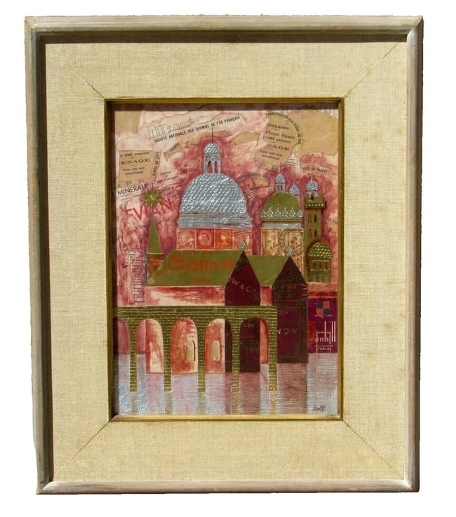 JULIE KOLB Circa 1970's Glimmering Venetian Sunset Collage: Title:JULIE KOLB Circa 1970's Glimmering Venetian Sunset CollageDescription:JULIE KOLB. Glimmering Venetian Sunset, 13" x 9-1/2" sight size (framed size: 20" x 16") signed lower right: Kolb. The back