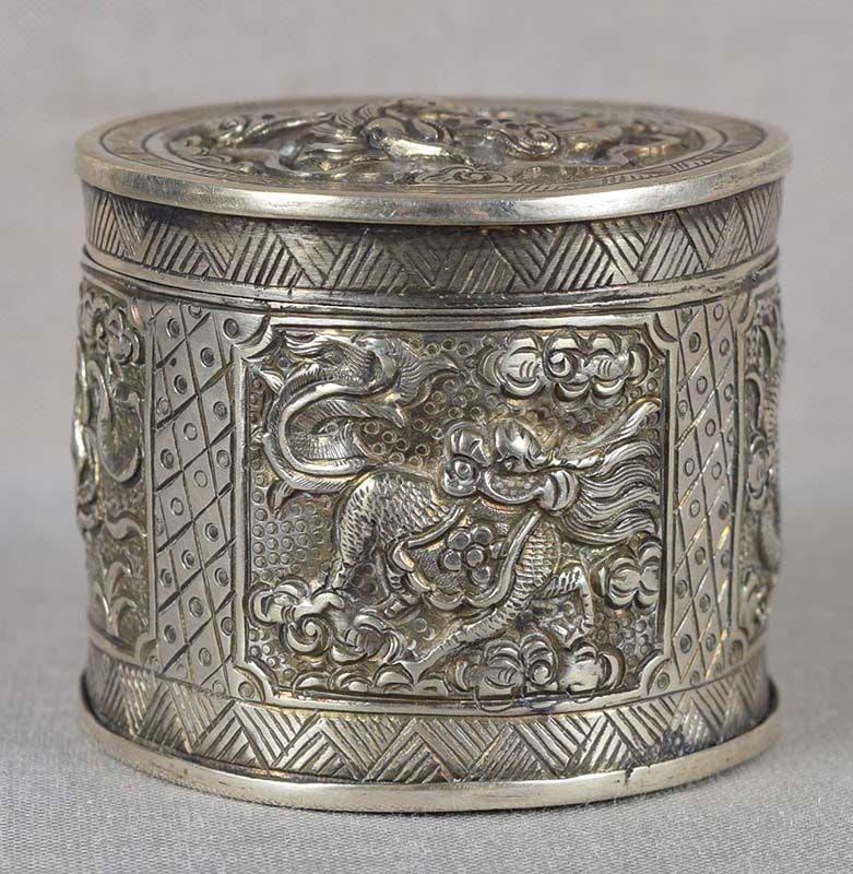 19c Chinese silver OPIUM BOX dragon phoenix qilin tortoise (1 of 6)