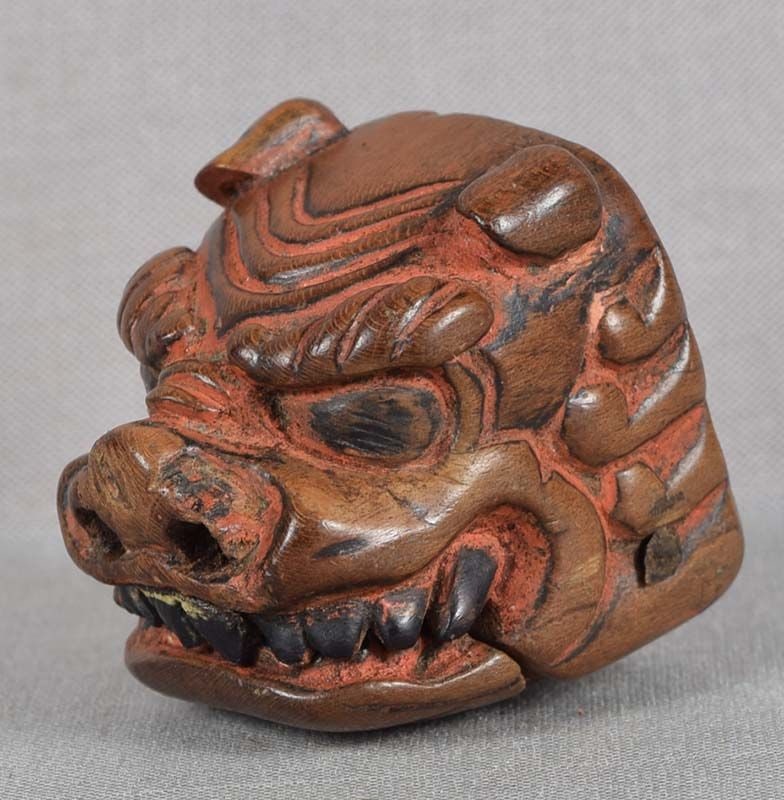 Early 19c netsuke SHISHIMAI MASK moveable jaw (1 of 6)