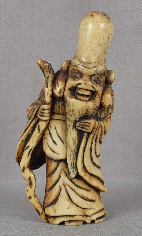 Tall 18c staghorn netsuke FUKUROKUJU with staff 88mm (1 of 6)