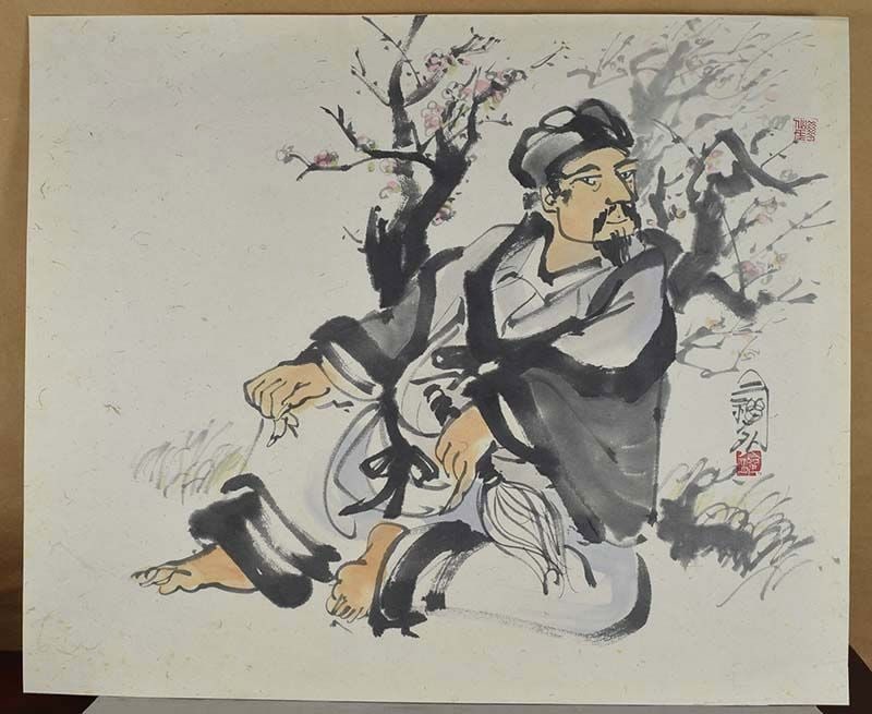 Original PAINTING resting SCHOLAR by CLIFTON KARHU: Unusual original painting in ink and color on paper by Clifton Karhu depicting a scholar resting by a flowering prunus tree, a flywisk in his hand. Clifton Karhu (1927 – 2007) was an American ar