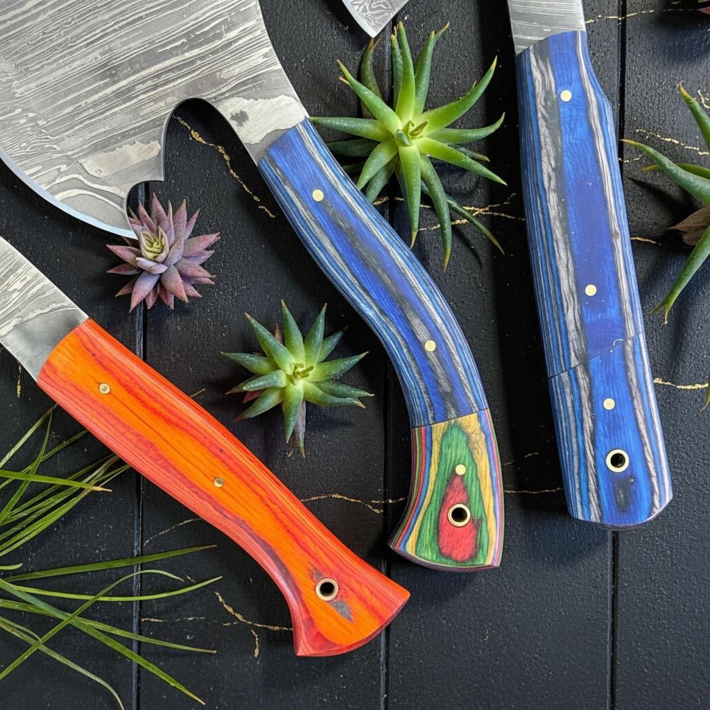 Set of 3 Handcrafted Damascus Steel Hatchets, 9-inch Axes with Pakka Wood & Resin Grips - 3