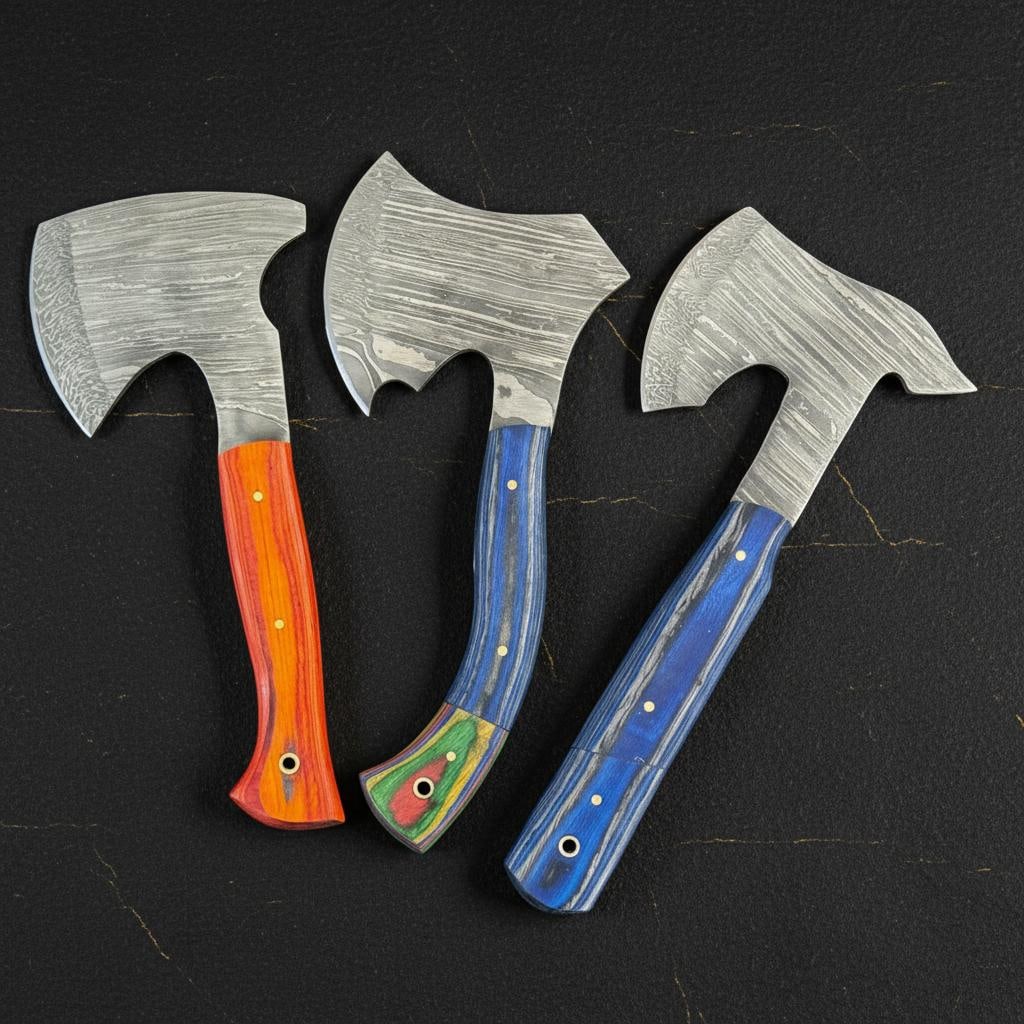 Set of 3 Handcrafted Damascus Steel Hatchets, 9-inch Axes with Pakka Wood & Resin Grips - 5