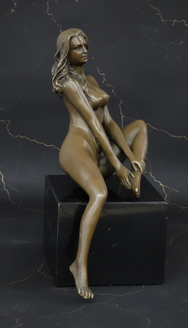 Art Deco Style Bronze Sculpture Signed Nude Female Figurine on Marble Base - 3