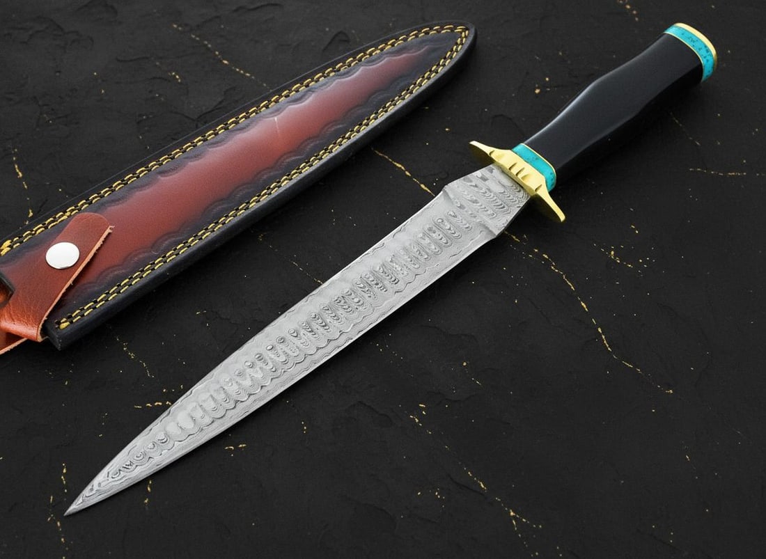 Forged Damascus Steel Bowie Hunting Dagger, 15 Inch Custom Knife with Resin Handle (1 of 8)