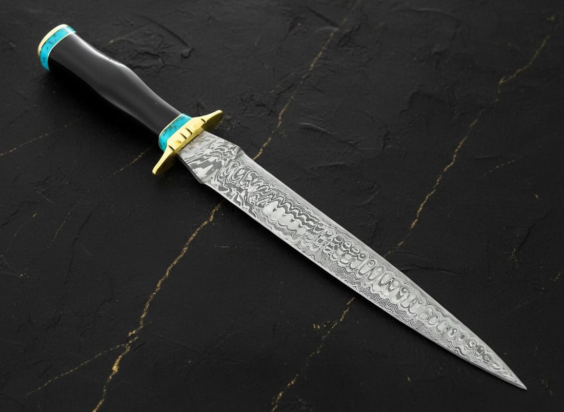 Forged Damascus Steel Bowie Hunting Dagger, 15 Inch Custom Knife with Resin Handle - 2