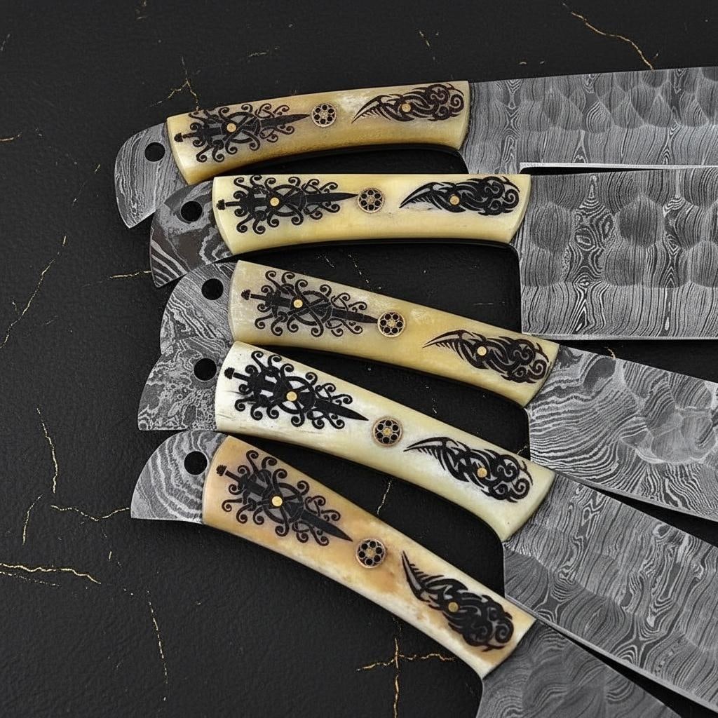 Engraved Camel Bone 5pc Kitchen Knife Set Hand Forged Twist Damascus Steel - 4