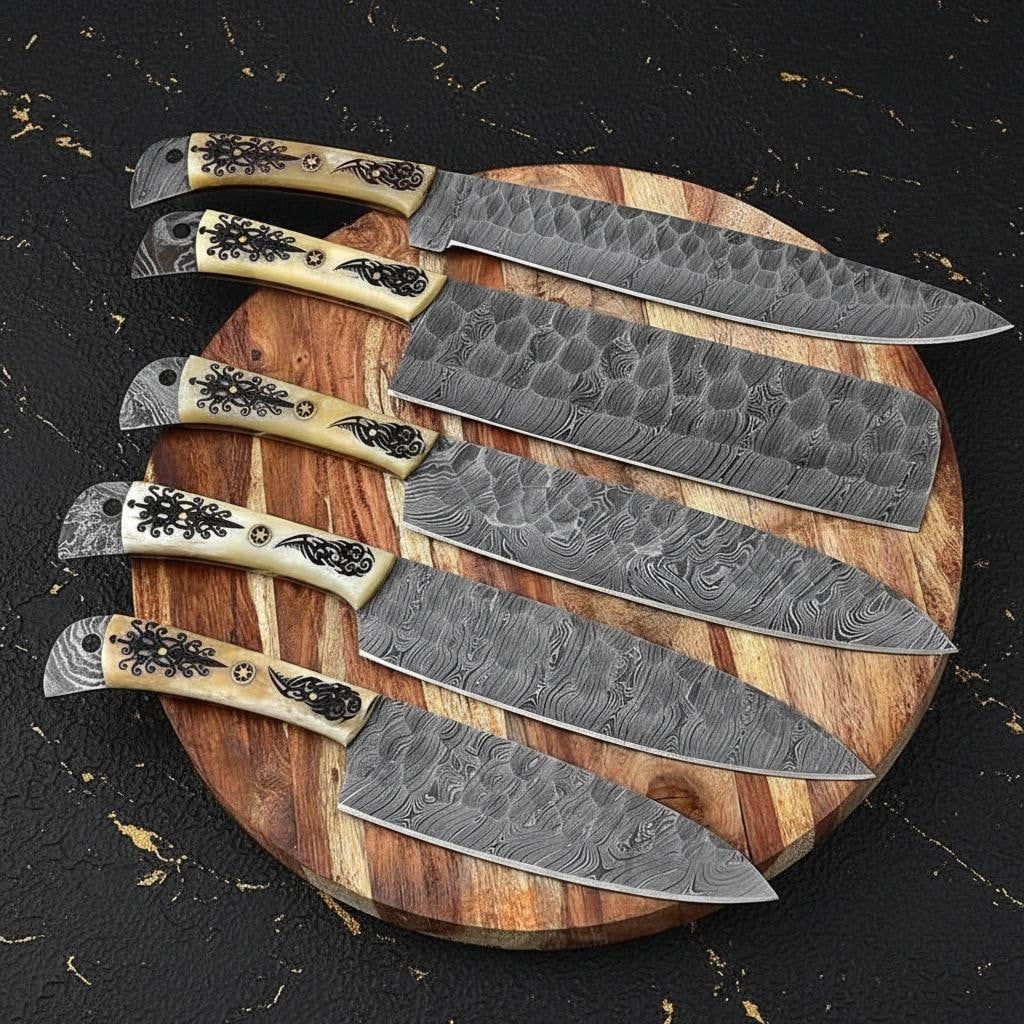 Engraved Camel Bone 5pc Kitchen Knife Set Hand Forged Twist Damascus Steel - 5
