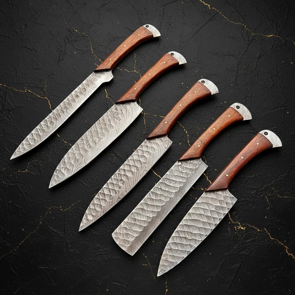 Hand Forged 5pc Kitchen Knife Set Twisted Damascus Steel with Rosewood Handles (1 of 4)