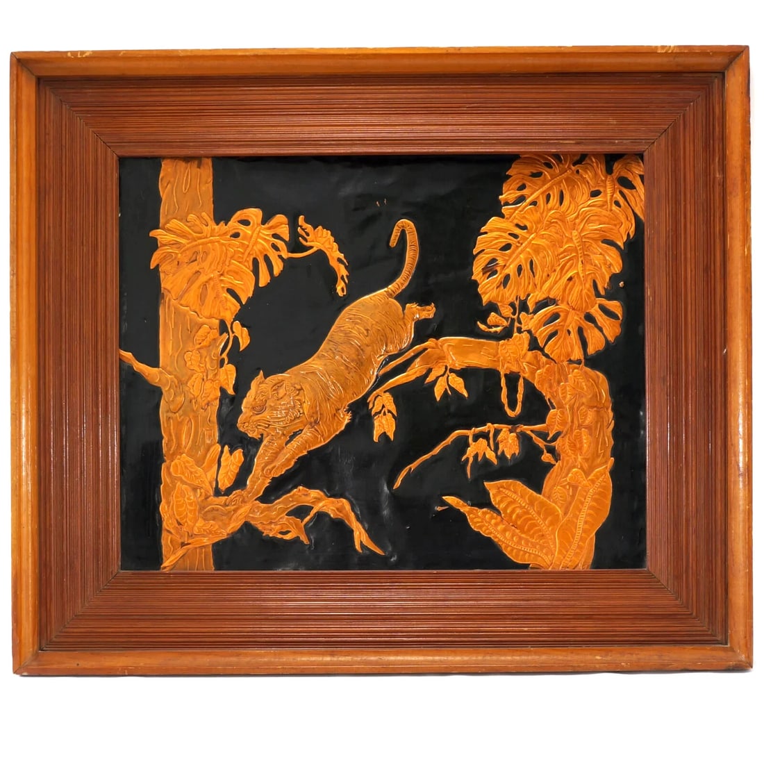 Framed 1960s Copper Relief Tiger Picture: Title:Framed 1960s Copper Relief Tiger PictureSize:Artwork – 15 in (38.1 cm) x 19 (28.3 cm) in Framed – 26 ¾ (67.9 cm) in x 22 ½ in (57.2 cm) x 1 1/8 in (2.9 cm)