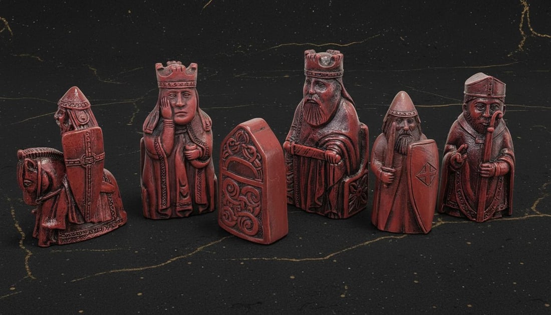 Isle of Lewis Mini Chessmen Set in Red & Antique White, 2 3/8" King, No Board - 3
