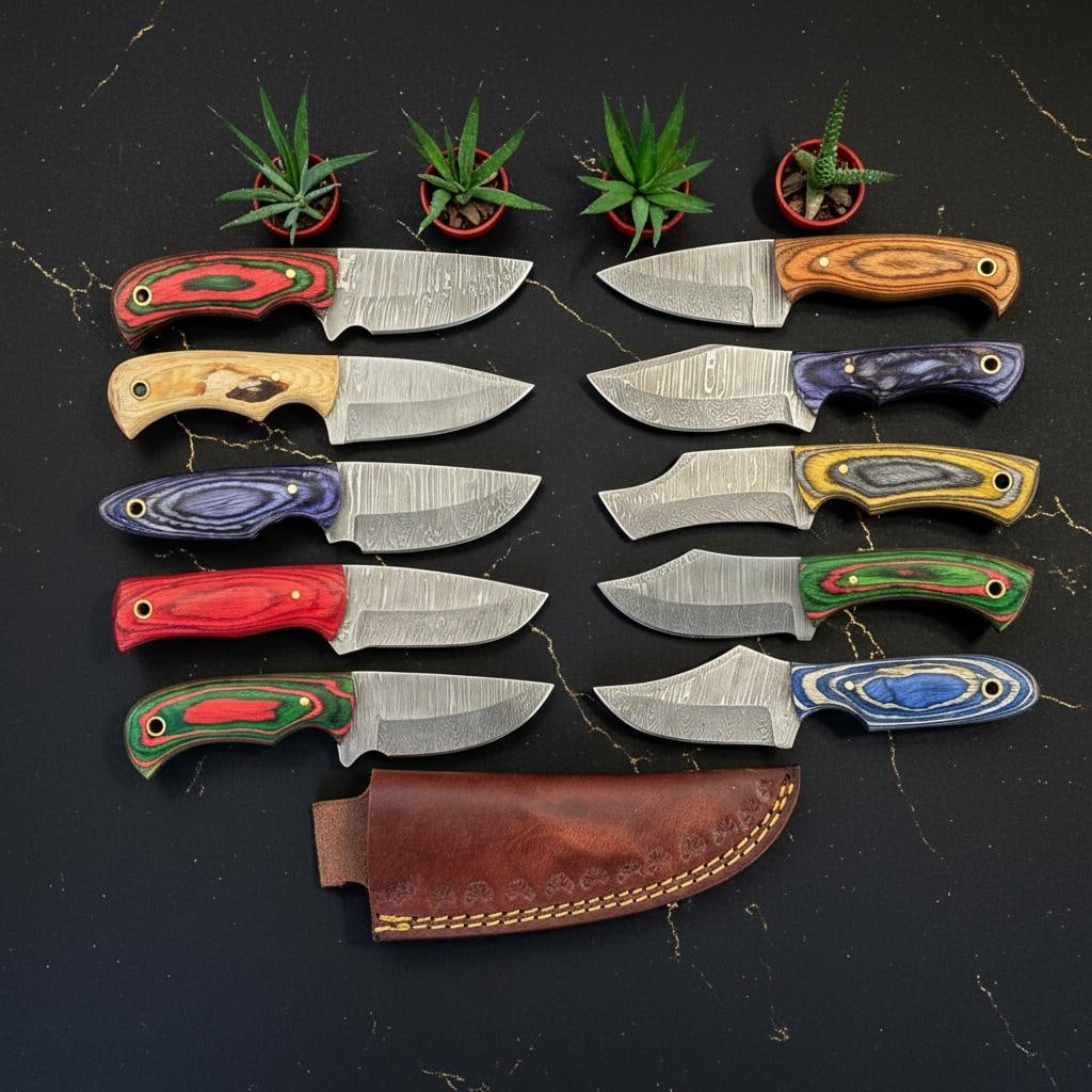 Hand-Forged Damascus Steel Hunting Knife Lot, 10pc Set with Pakka Wood Handles (1 of 7)