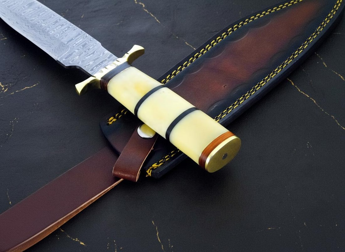 15" Forged Ladder Damascus Steel Bowie Knife with Camel Bone Handle & Leather Sheath - 5