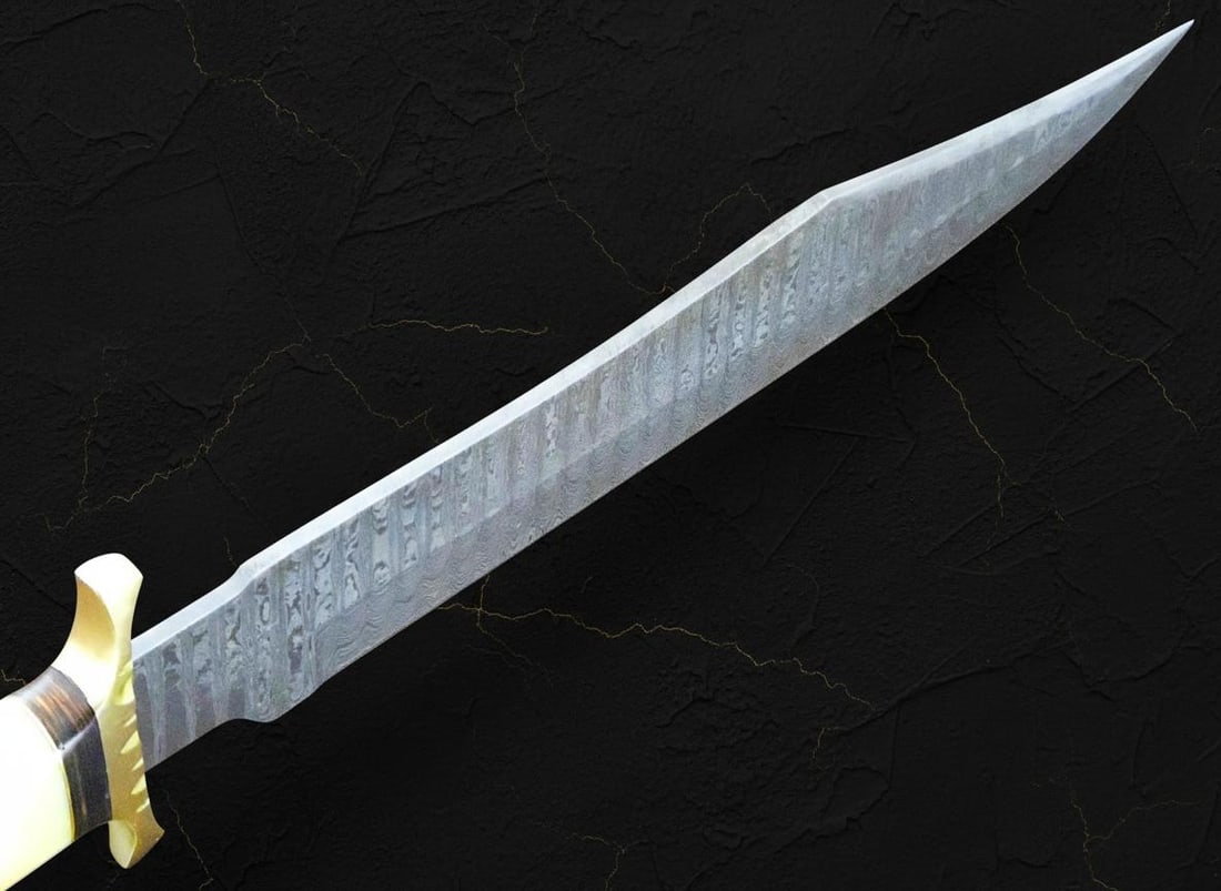 15" Forged Ladder Damascus Steel Bowie Knife with Camel Bone Handle & Leather Sheath - 7
