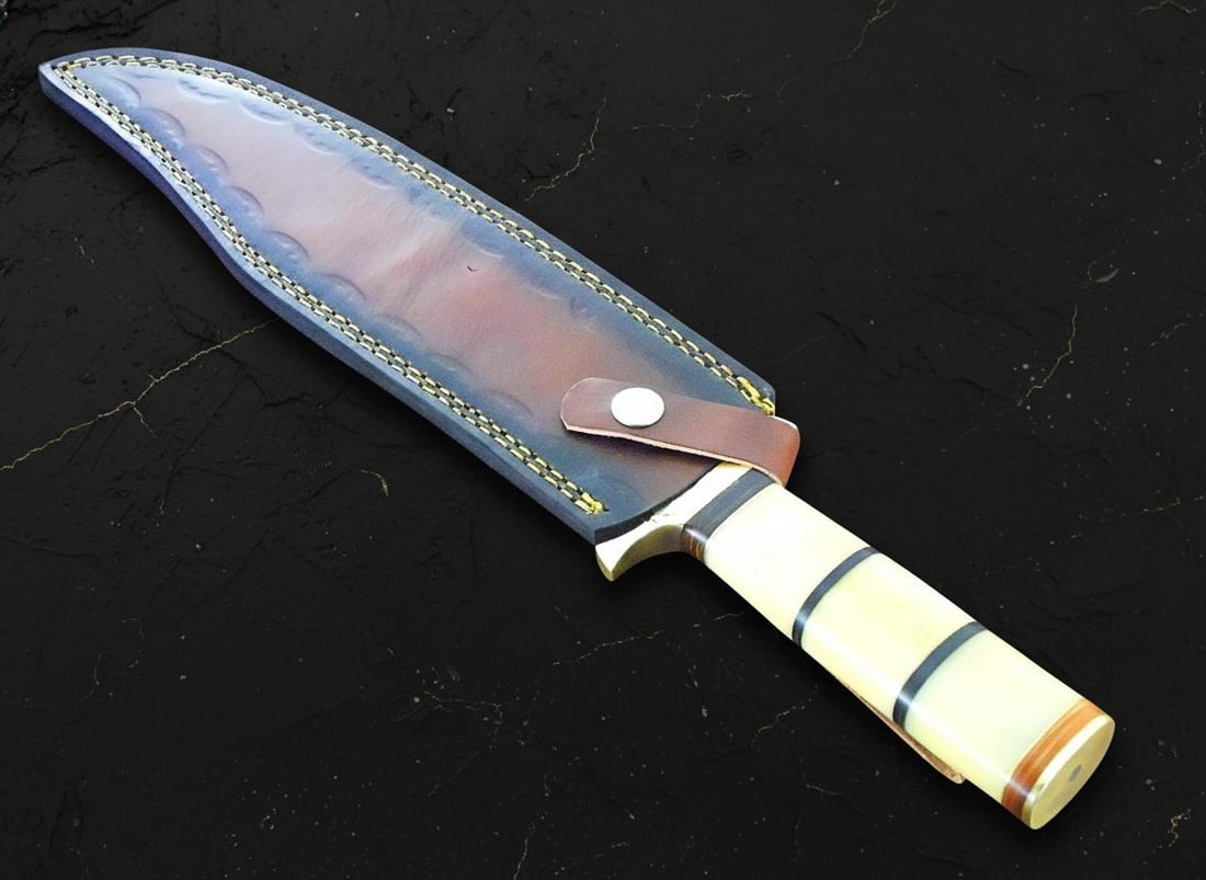 15" Forged Ladder Damascus Steel Bowie Knife with Camel Bone Handle & Leather Sheath - 8