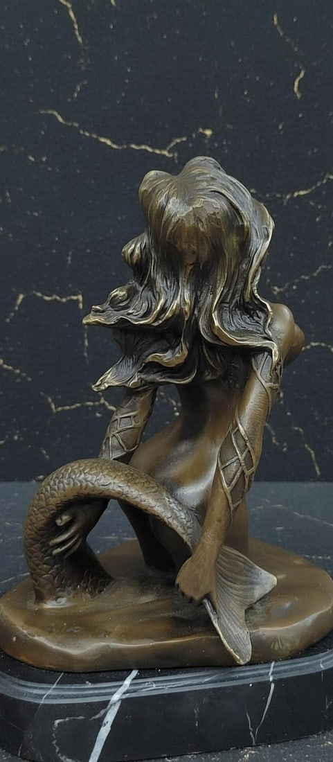 Classic Nude Mermaid Bronze Sculpture Signed Milo Western Art Statue on Marble Base - 7