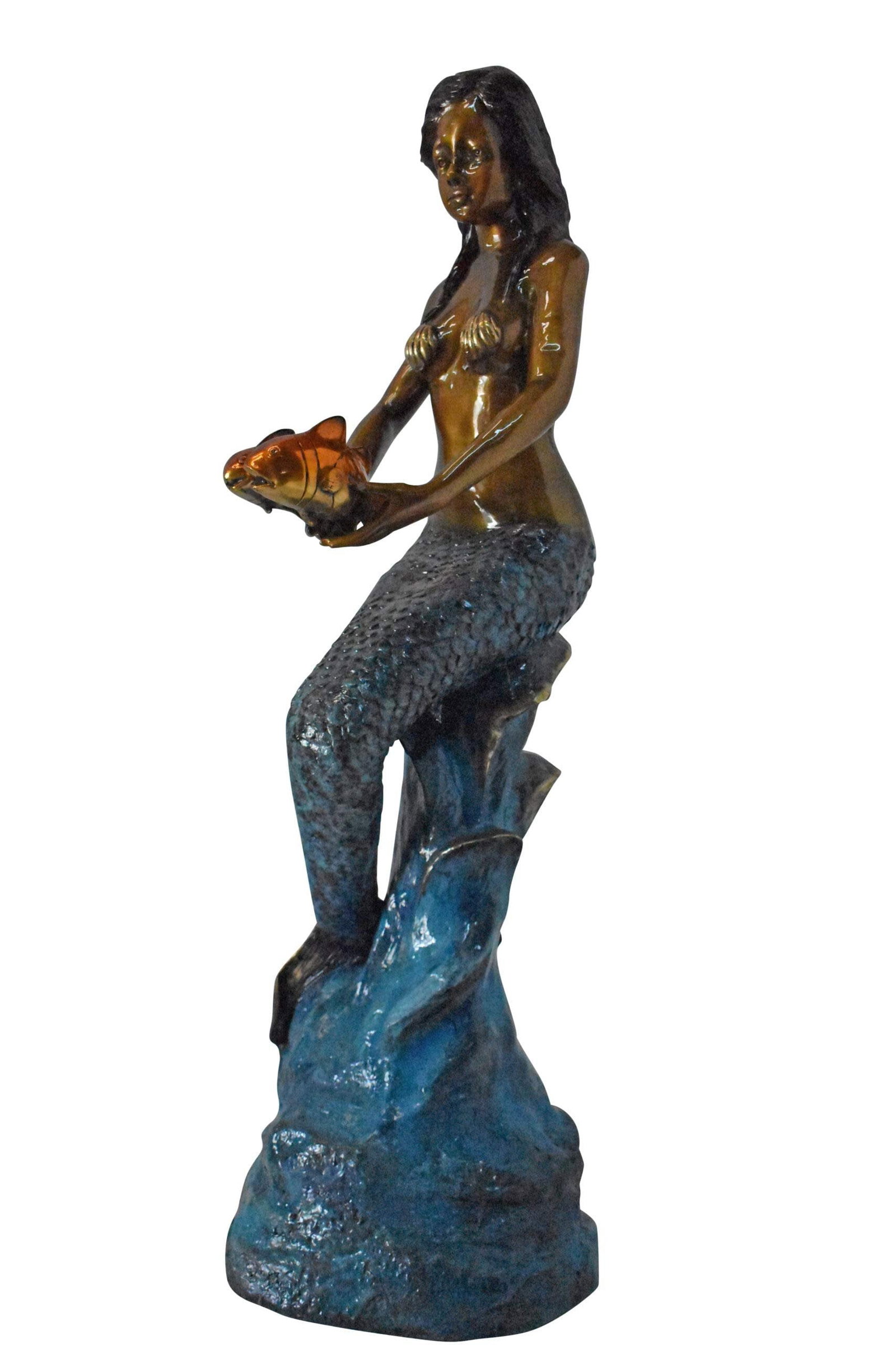 Mermaid Holding Two Fish Bronze Statue Color Finish - Size: 14" x 14" x 43"H.: Title:Mermaid Holding Two Fish Bronze Statue Color Finish - Size: 14" x 14" x 43"H.Description:No lover of timeless sea lore and the mysteries of the deep can resist this incredibly detailed Mermaid