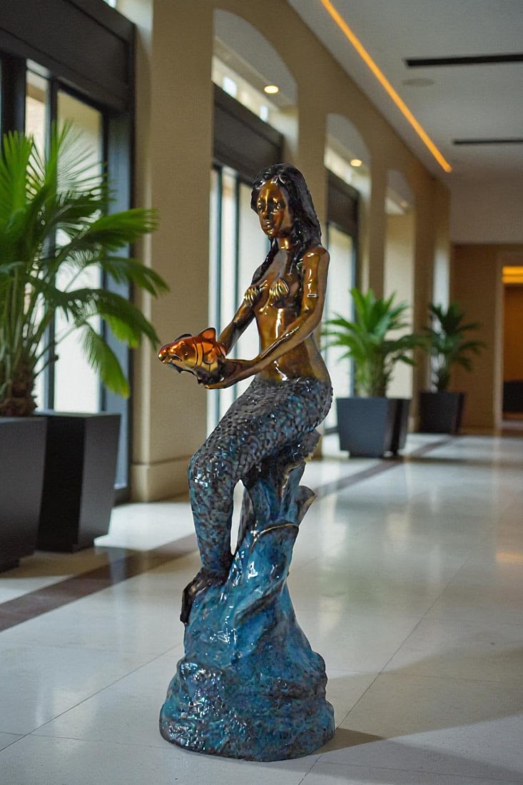 Mermaid Holding Two Fish Bronze Statue Color Finish - Size: 14" x 14" x 43"H. - 2