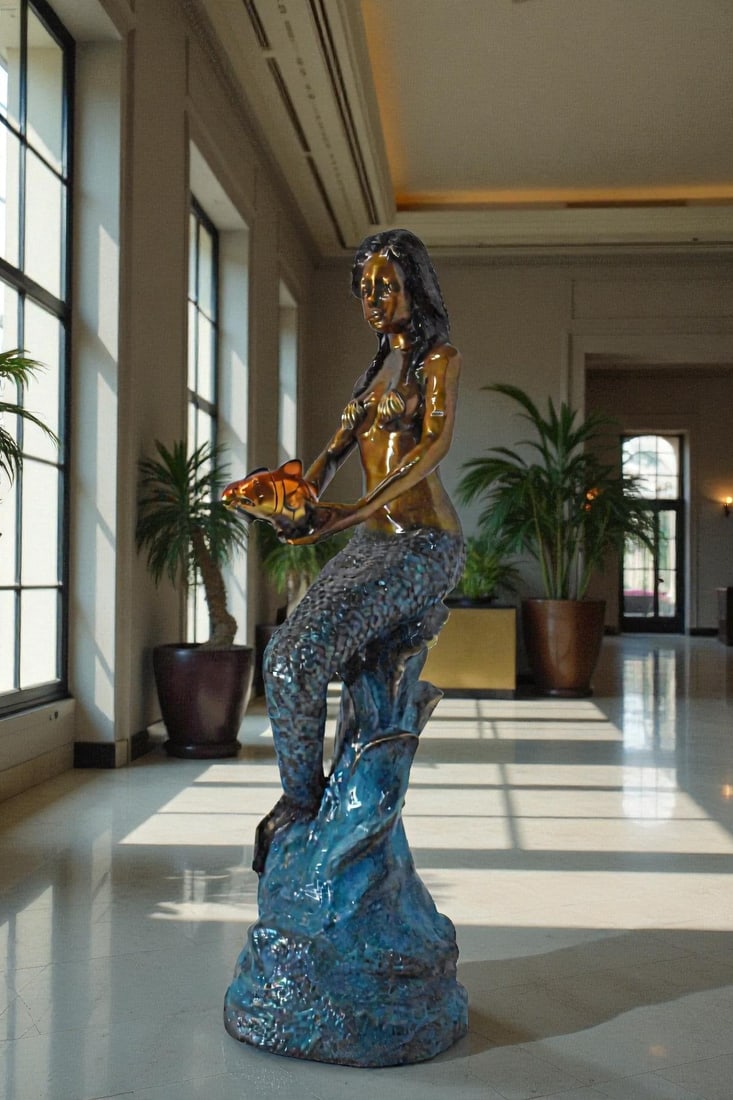 Mermaid Holding Two Fish Bronze Statue Color Finish - Size: 14" x 14" x 43"H. - 3
