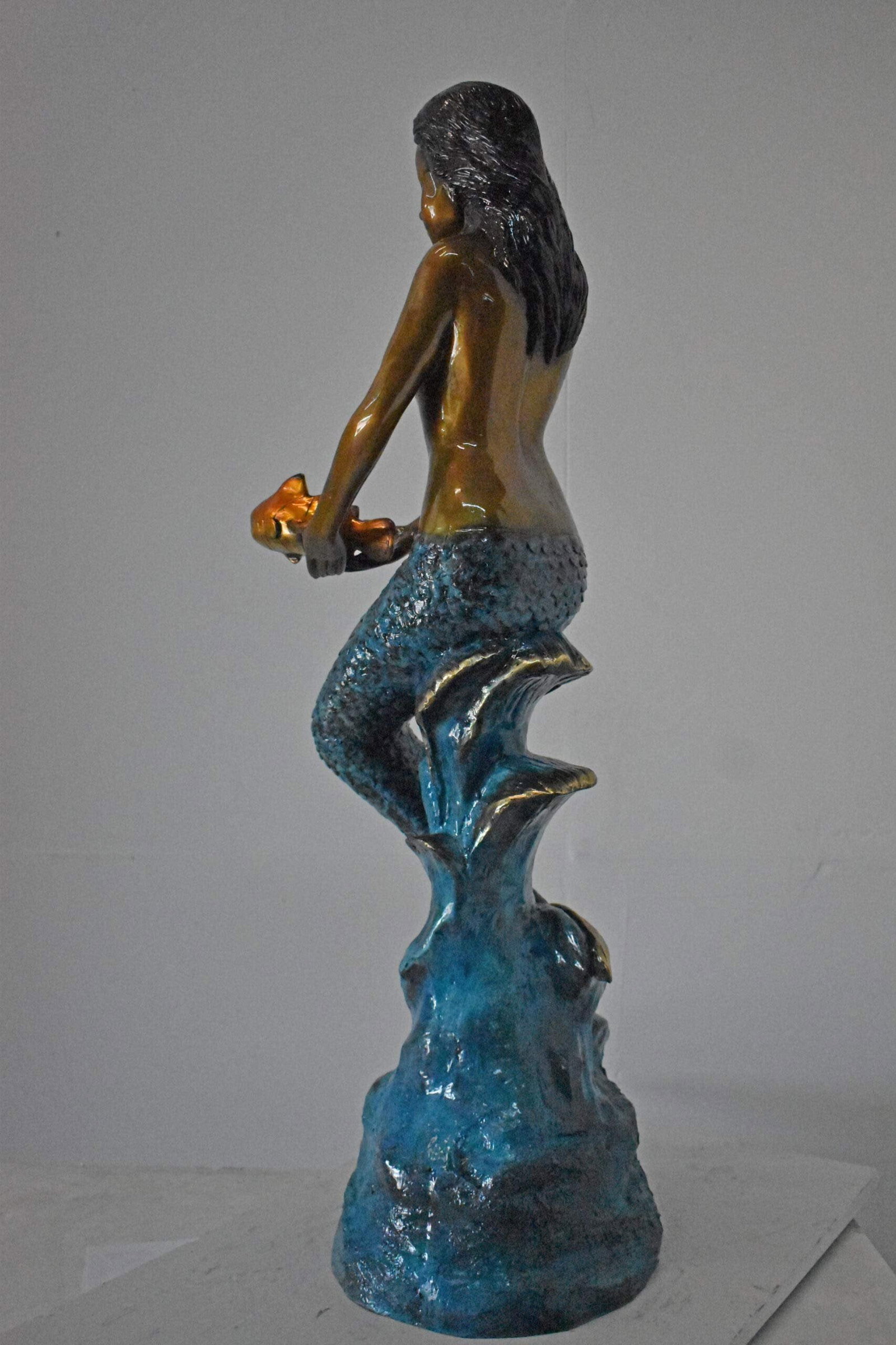 Mermaid Holding Two Fish Bronze Statue Color Finish - Size: 14" x 14" x 43"H. - 5