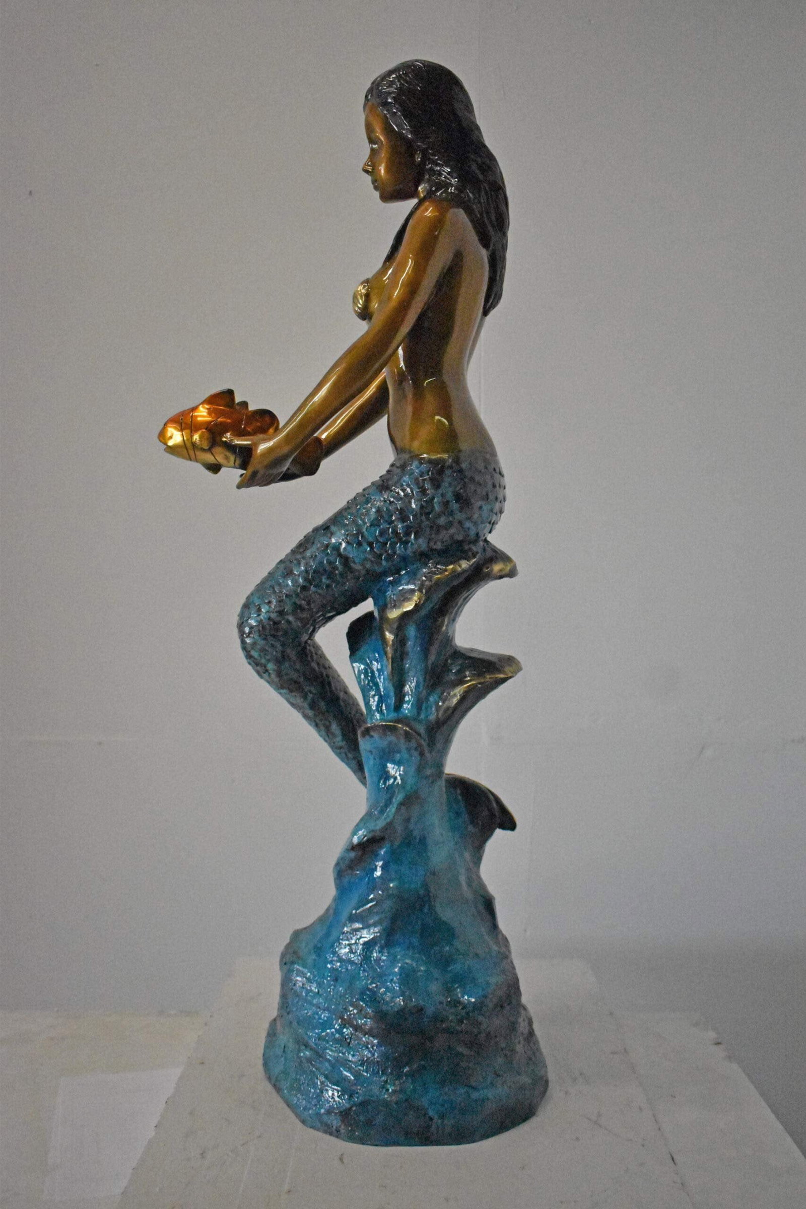 Mermaid Holding Two Fish Bronze Statue Color Finish - Size: 14" x 14" x 43"H. - 6