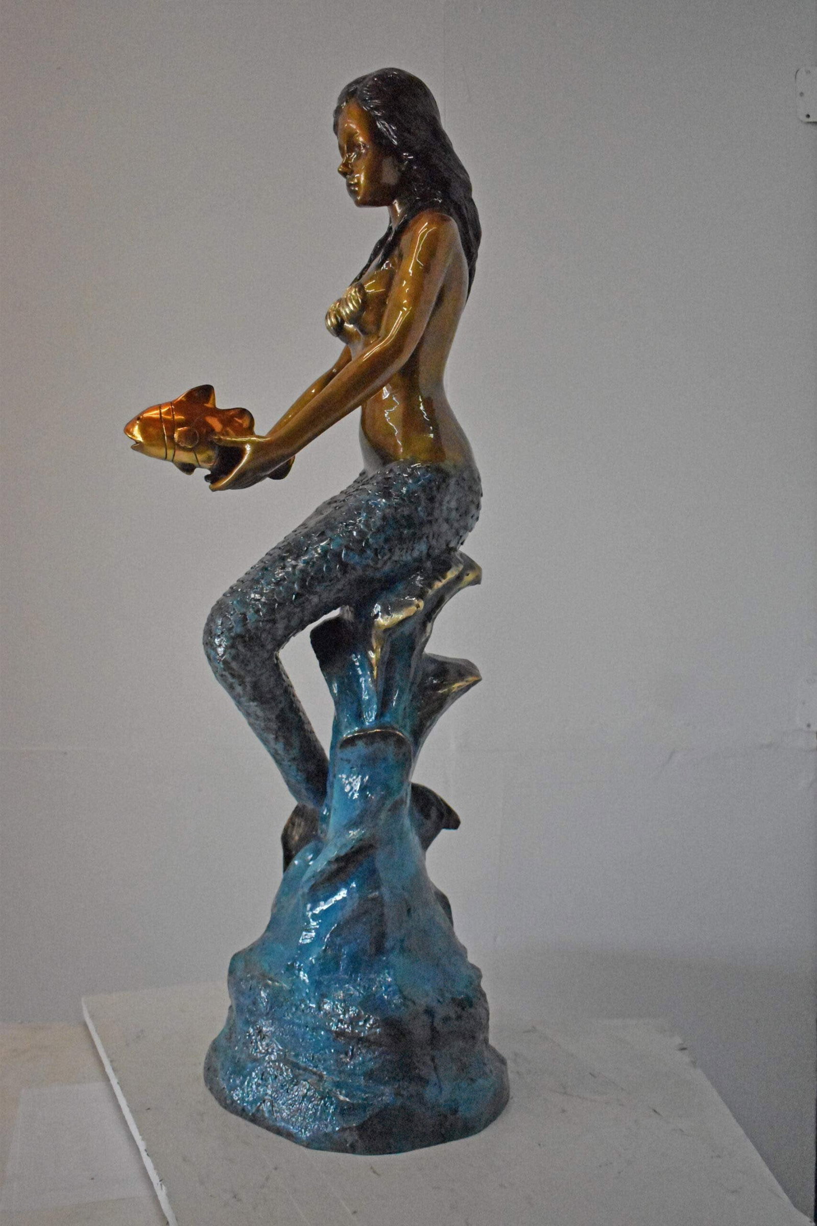 Mermaid Holding Two Fish Bronze Statue Color Finish - Size: 14" x 14" x 43"H. - 7